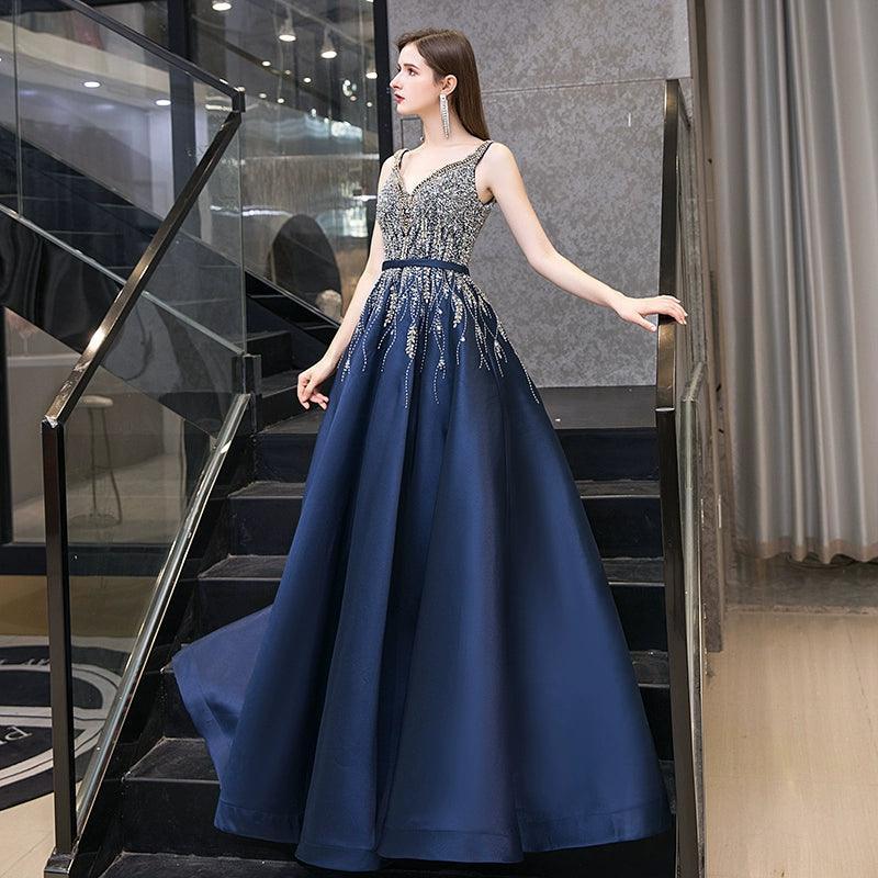 Women's Ball Gown Evening Dress Long V-Neck Formal Dresses Beaded Prom Dresses - numbersea