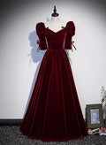 Vestido de fiesta largo de corte A con mangas cortas en color rojo vino, vestido de dama de honor en color rojo vino