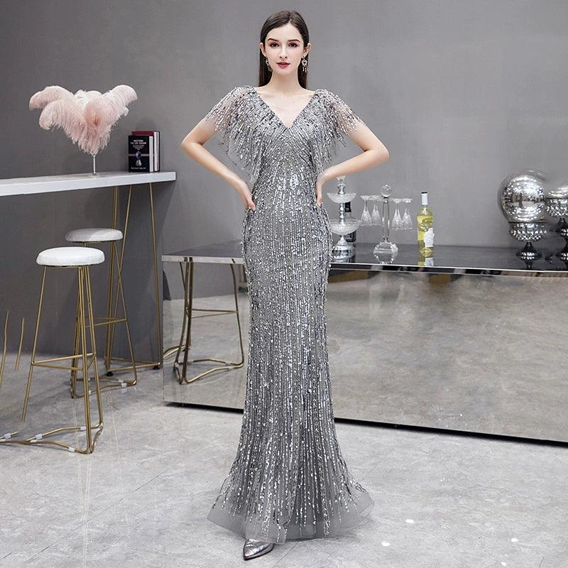 Women's Mermaid Sexy Evening Dress Long Formal Dresses Beaded V-Neck Prom Dresses for Women - numbersea