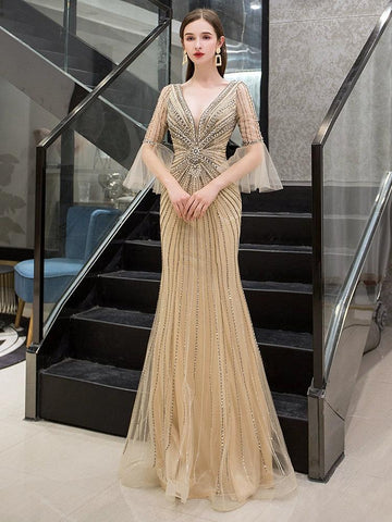 Women's Mermaid Evening Dress V-Neck Prom Dresses Beaded Formal Dresses for Women - numbersea