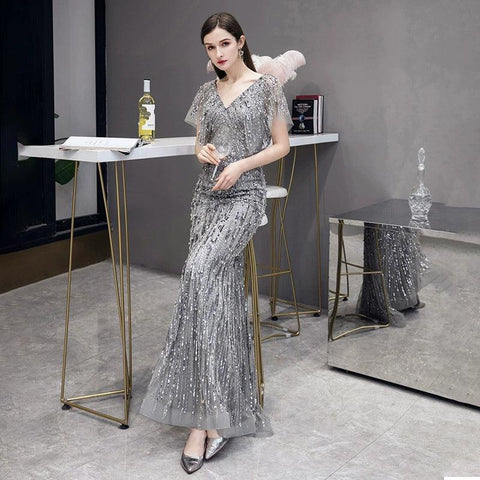 Women's Mermaid Sexy Evening Dress Long Formal Dresses Beaded V-Neck Prom Dresses for Women - numbersea