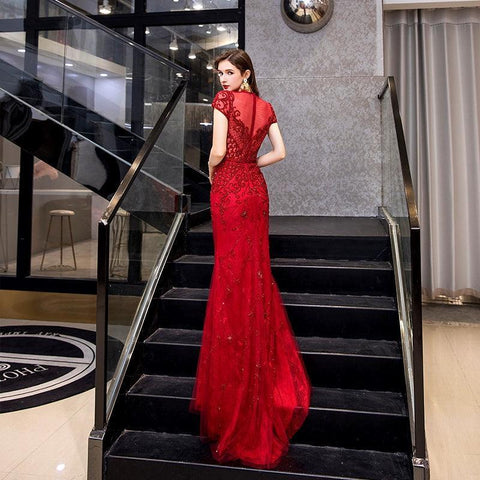 Women's Mermaid Evening Dress Sexy Lace Prom Dresses for Women Beaded Formal Dresses - numbersea