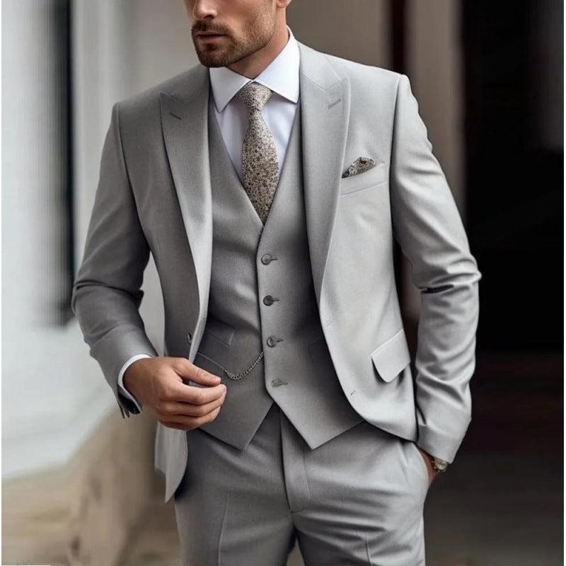 Handsome men's suit three-piece solid color high-end temperament banquet business slim fashion suit