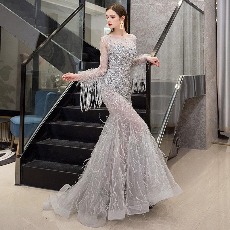 Women's Mermaid Evening Dress Long V-Neck Prom Dresses Beaded Formal Dresses - numbersea