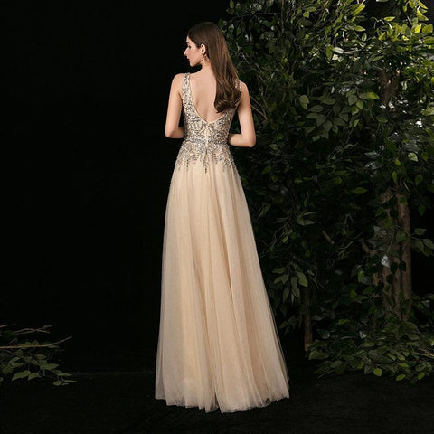 Women's A-Line Evening Dress Sexy Prom Dresses Sleeveless Beaded V-Neck Formal Dresses - numbersea