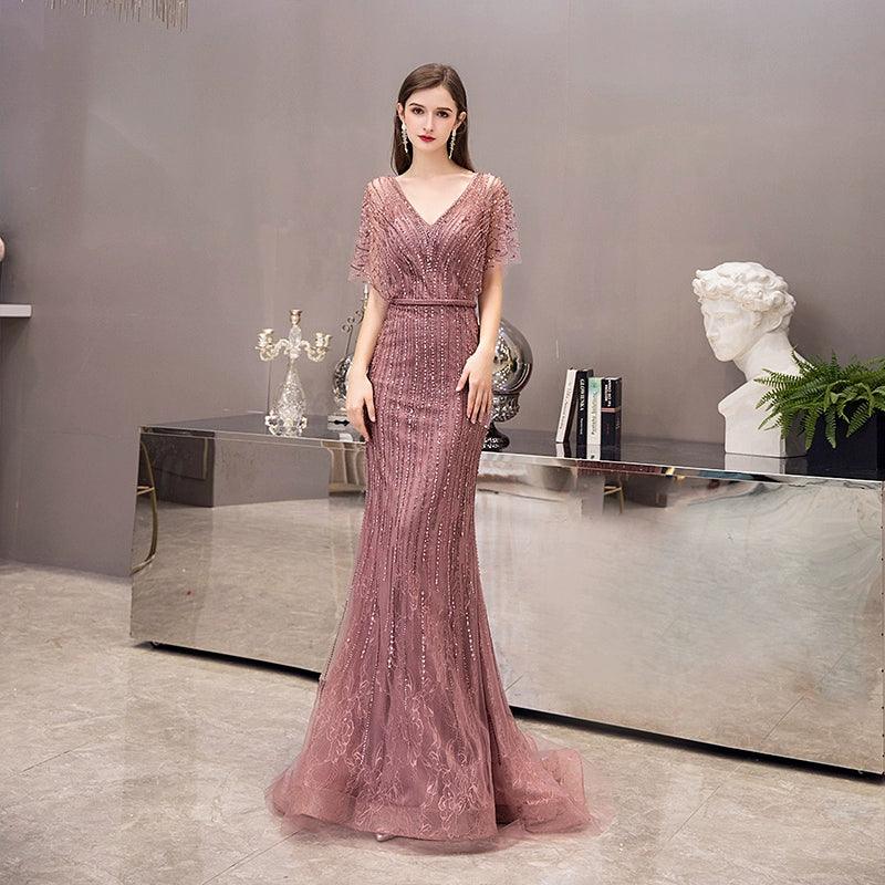 Women's Mermaid Evening Dress V-Neck Formal Dresses Long Sexy Beaded Prom Dresses for Women - numbersea