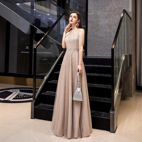 Women's A-Line Prom Dresses Sleeveless Sexy Evening Dress Beaded Formal Dress for Women - numbersea