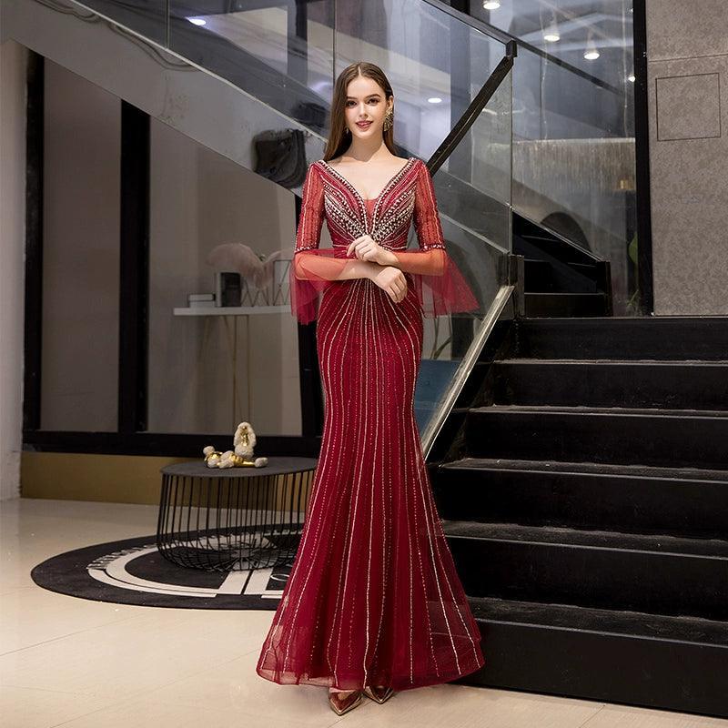 Women's Mermaid Evening Dress Long V-Neck Prom Dresses Beaded Formal Dresses - numbersea