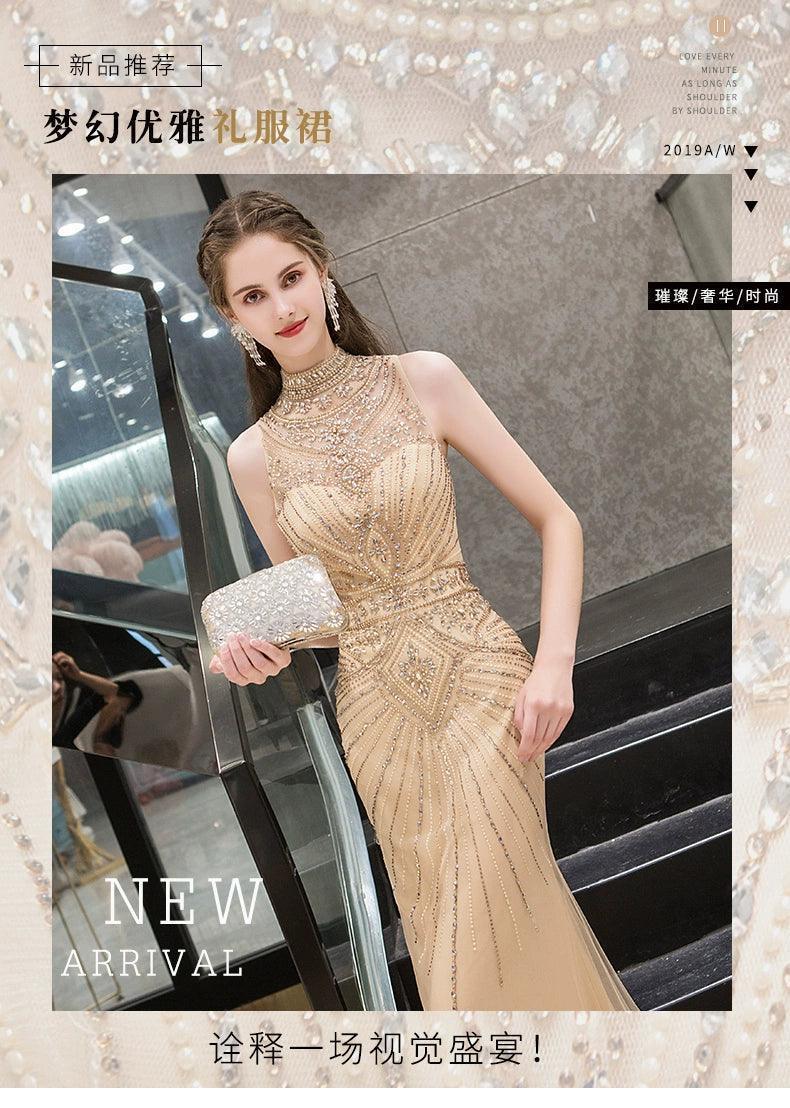 Women's Mermaid Evening Dress Beaded Sexy Prom Dresses Sleeveless Long Formal Dresses - numbersea
