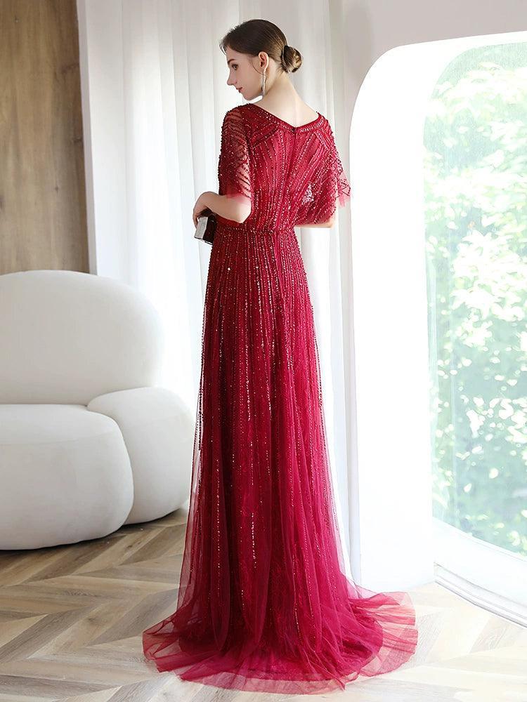 Women's A-Line Evening Dress Sexy V-Neck Prom Dresses Beaded Formal Dresses for Women - numbersea