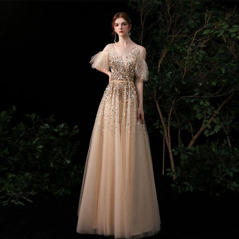 Women's A-Line Evening Dress Sexy Prom Dresses for Women V-Neck Beaded Formal Dresses - numbersea