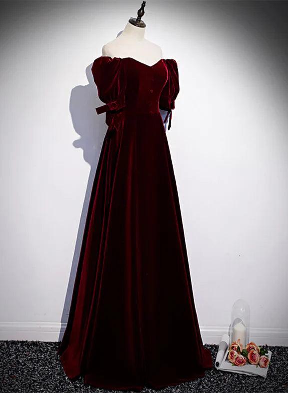 Vestido de fiesta de terciopelo rojo vino con mangas cortas y corte en A para dama de honor.
