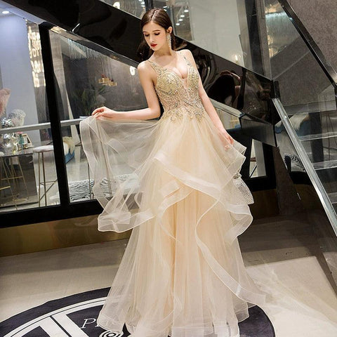 Women's Sexy Evening Dress A-Line Prom Dresses Beaded Formal Dresses Sleeveless for Women - numbersea