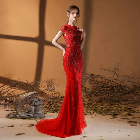 Women's Mermaid Evening Dress Long Sexy Prom Dresses Beaded Formal Dresses - numbersea