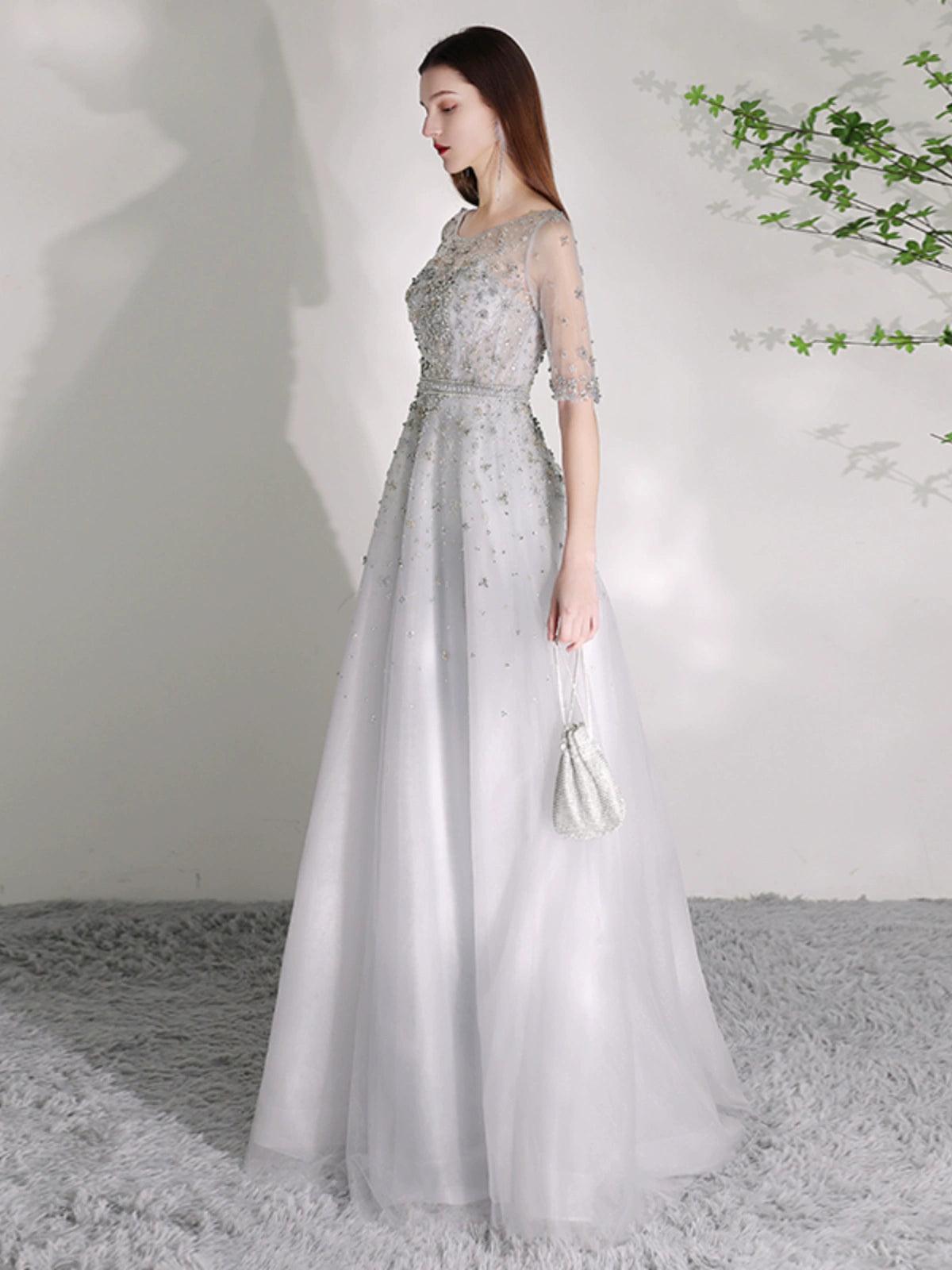 Women's A-Line Evening Dress Beaded Sexy Prom Dresses Half Sleeve Formal Dresses for Women - numbersea