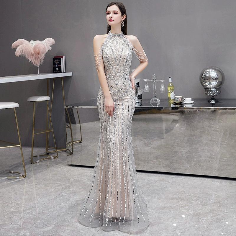 Mermaid Prom Dresses Sleeveless Evening Dress Beaded Sexy Formal Dress for Women - numbersea