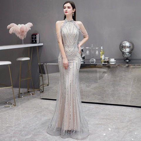 Mermaid Prom Dresses Sleeveless Evening Dress Beaded Sexy Formal Dress for Women - numbersea