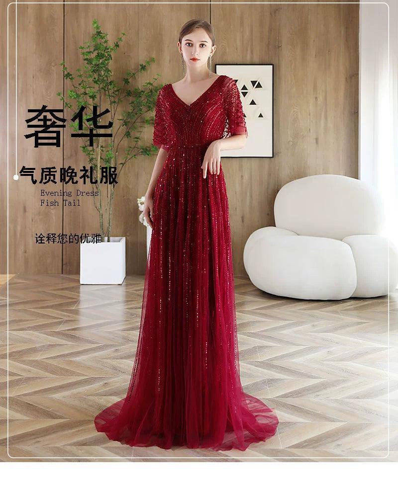 Women's A-Line Evening Dress Sexy V-Neck Prom Dresses Beaded Formal Dresses for Women - numbersea
