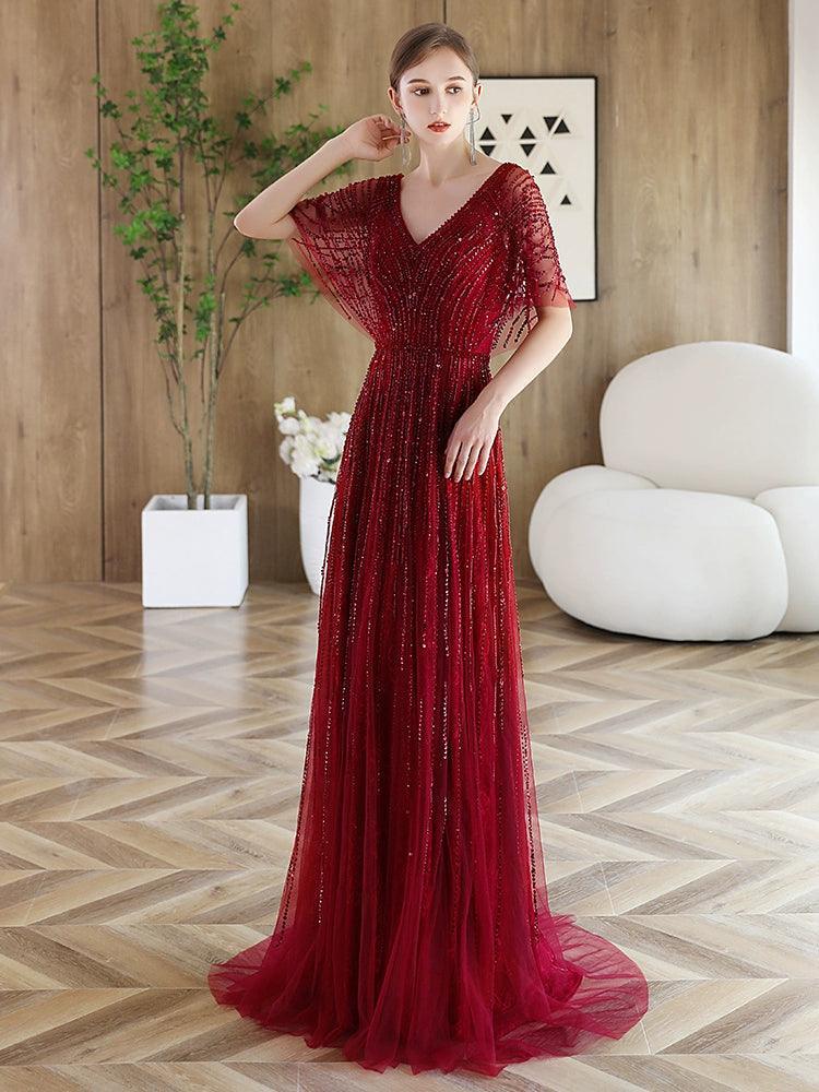 Women's A-Line Evening Dress Sexy V-Neck Prom Dresses Beaded Formal Dresses for Women - numbersea