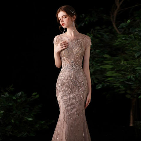 Women's Mermaid Evening Dress Long Sexy Prom Dresses Sleeveless Beaded Formal Dresses - numbersea