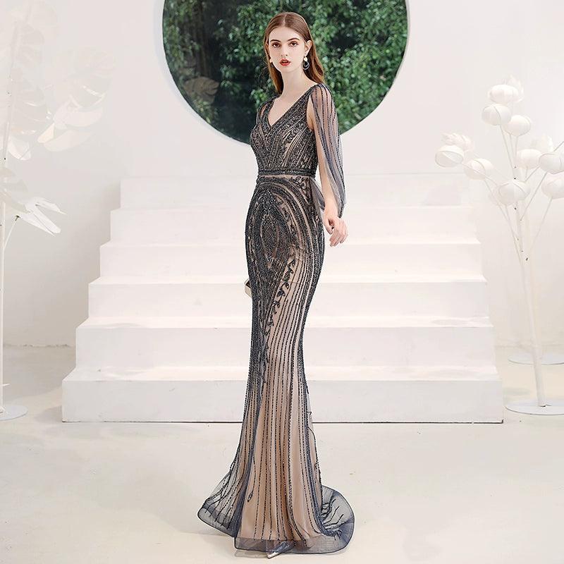 Women's Mermaid Evening Dress Long Prom Dresses Beaded V-Neck Formal Dresses - numbersea