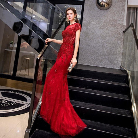 Women's Mermaid Evening Dress Sexy Lace Prom Dresses for Women Beaded Formal Dresses - numbersea