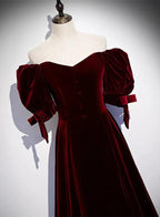 Vestido de fiesta de terciopelo rojo vino con mangas cortas y corte en A para dama de honor.