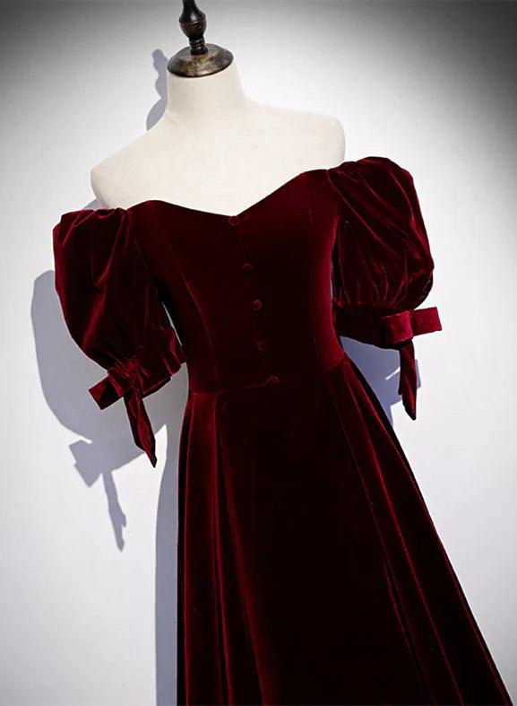 Vestido de fiesta de terciopelo rojo vino con mangas cortas y corte en A para dama de honor.