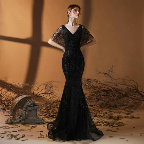 Women's Mermaid Evening Dress V-Neck Prom Dresses Long Beaded Formal Dresses for Women - numbersea