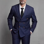 Popular light luxury striped double-breasted suit, two-piece set, barred collar slim version, four-color versatile men's suit