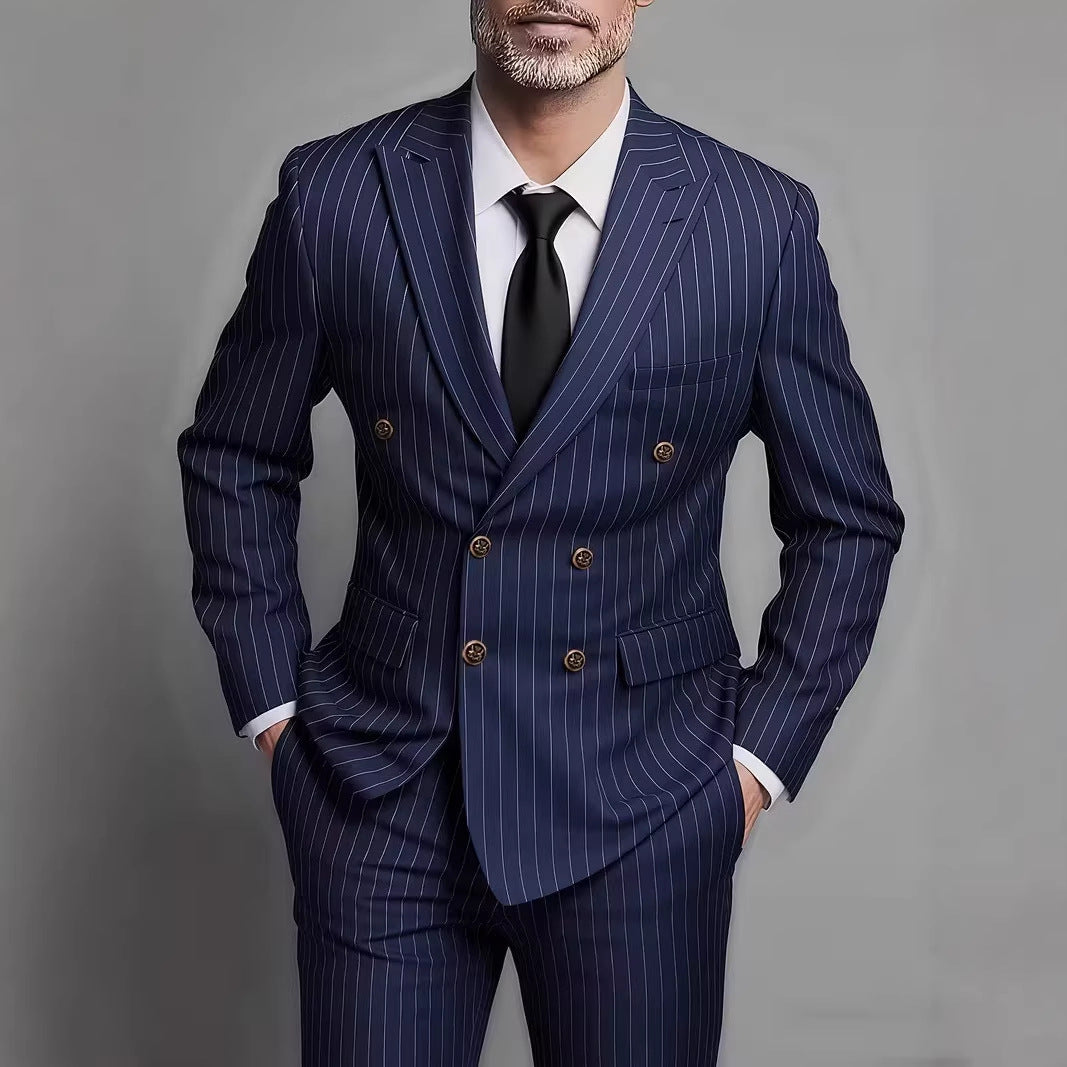 Popular light luxury striped double-breasted suit, two-piece set, barred collar slim version, four-color versatile men's suit