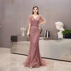 Women's Sexy Evening Dress Beaded Mermaid Prom Dresses Long V-Neck Formal Dresses for Women - numbersea