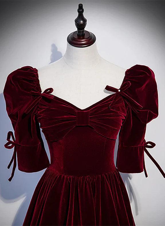 Vestido de fiesta largo de corte A con mangas cortas en color rojo vino, vestido de dama de honor en color rojo vino