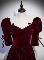 Vestido de fiesta largo de corte A con mangas cortas en color rojo vino, vestido de dama de honor en color rojo vino