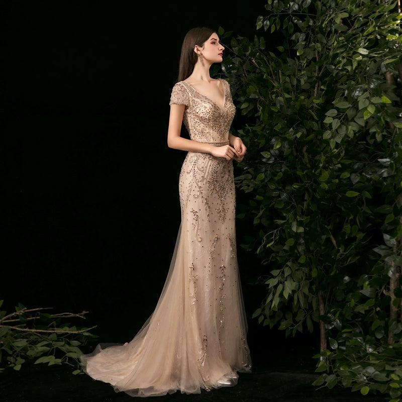 Women's Mermaid Evening Dress Long V-Neck Prom Dresses Beaded Formal Dresses - numbersea