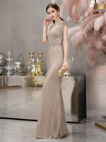 Women's Mermaid Evening Dress Sexy Prom Dresses for Women Long Beaded Formal Dresses Sleeveless - numbersea
