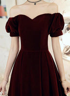 Vestido de fiesta de terciopelo rojo vino, largo hasta la rodilla, con hombros descubiertos, vestido de dama de honor rojo vino