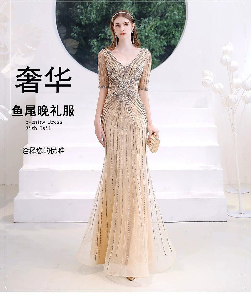 Women's Mermaid Evening Dress Long V-Neck Prom Dresses Beaded Formal Dresses - numbersea