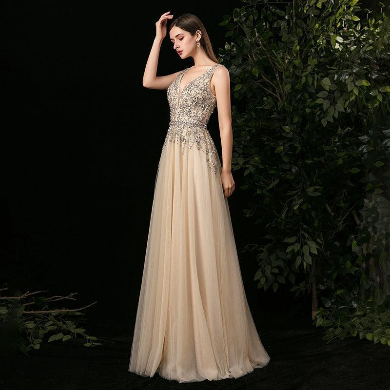 Women's A-Line Evening Dress Sexy Prom Dresses Sleeveless Beaded V-Neck Formal Dresses - numbersea