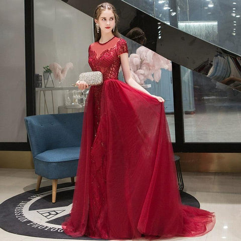 Women's A-Line Evening Dress Sexy Prom Dresses Beaded Formal Dresses for Women - numbersea