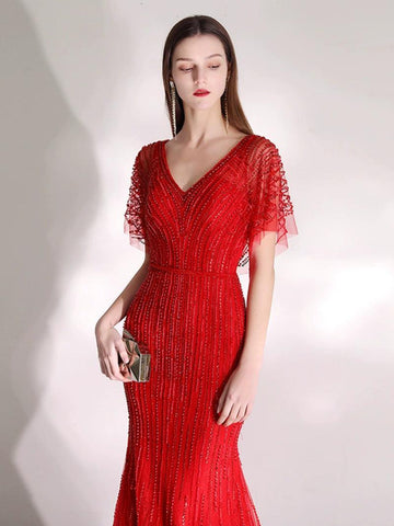 Women's Mermaid Evening Dress Long Sexy Prom Dresses Beaded V-Neck Formal Dresses - numbersea