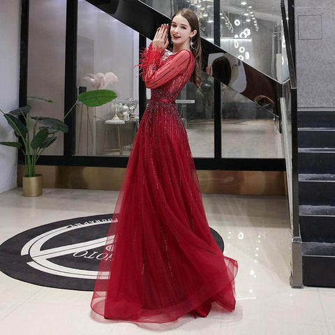 Women's A-Line Evening Dress Sexy Prom Dresses Long Sleeve Beaded V-Neck Formal Dresses - numbersea