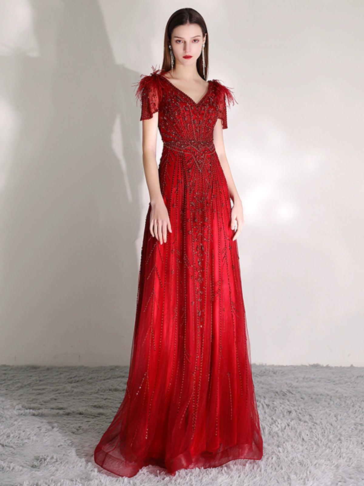 Women's A-Line Prom Dresses Long Evening Dress Beaded V-Neck Formal Dresses for Women - numbersea