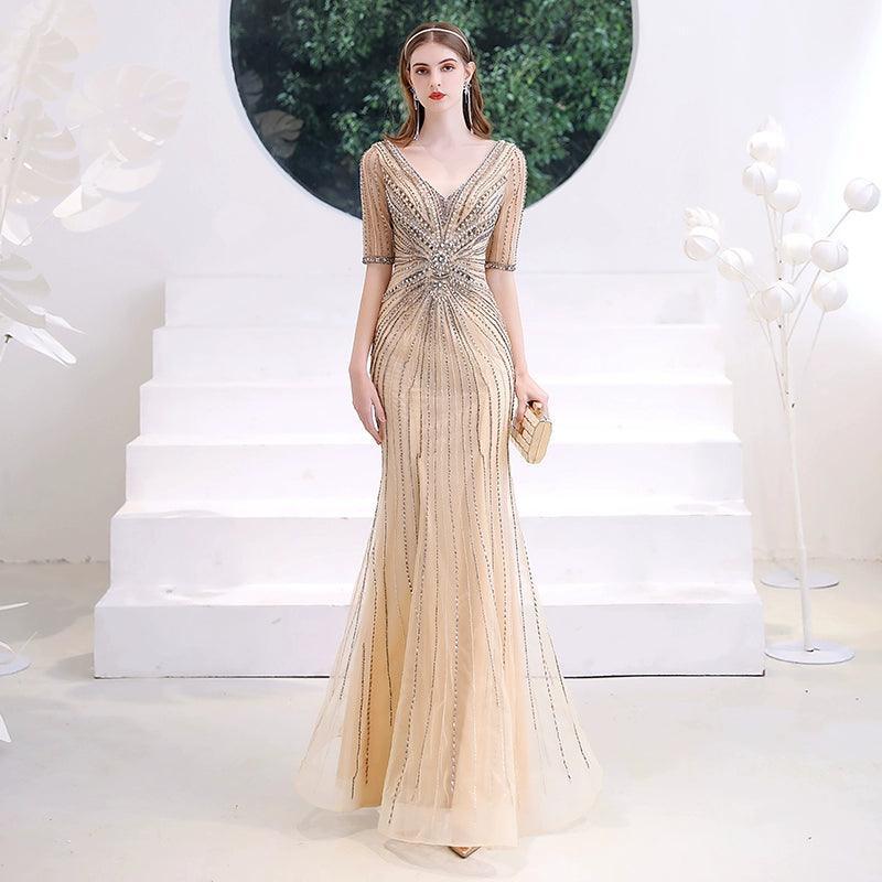 Women's Mermaid Evening Dress Long V-Neck Prom Dresses Beaded Formal Dresses - numbersea