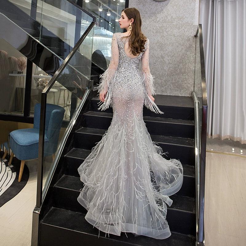 Women's Mermaid Evening Dress Long V-Neck Prom Dresses Beaded Formal Dresses - numbersea