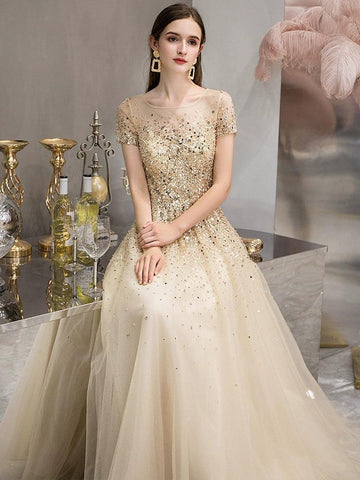 Gold Evening Dress High Elegant Party Long Evening Gown - numbersea