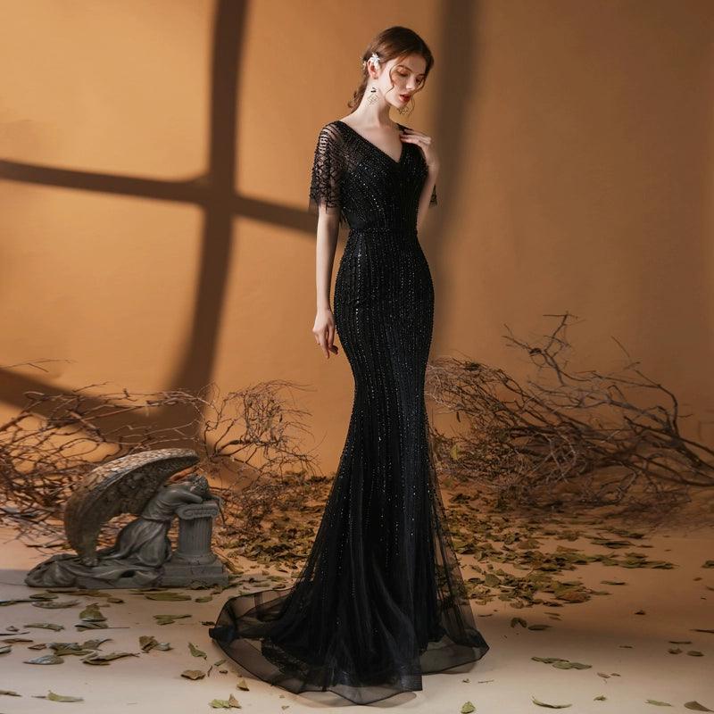 Women's Mermaid Evening Dress V-Neck Prom Dresses Long Beaded Formal Dresses for Women - numbersea