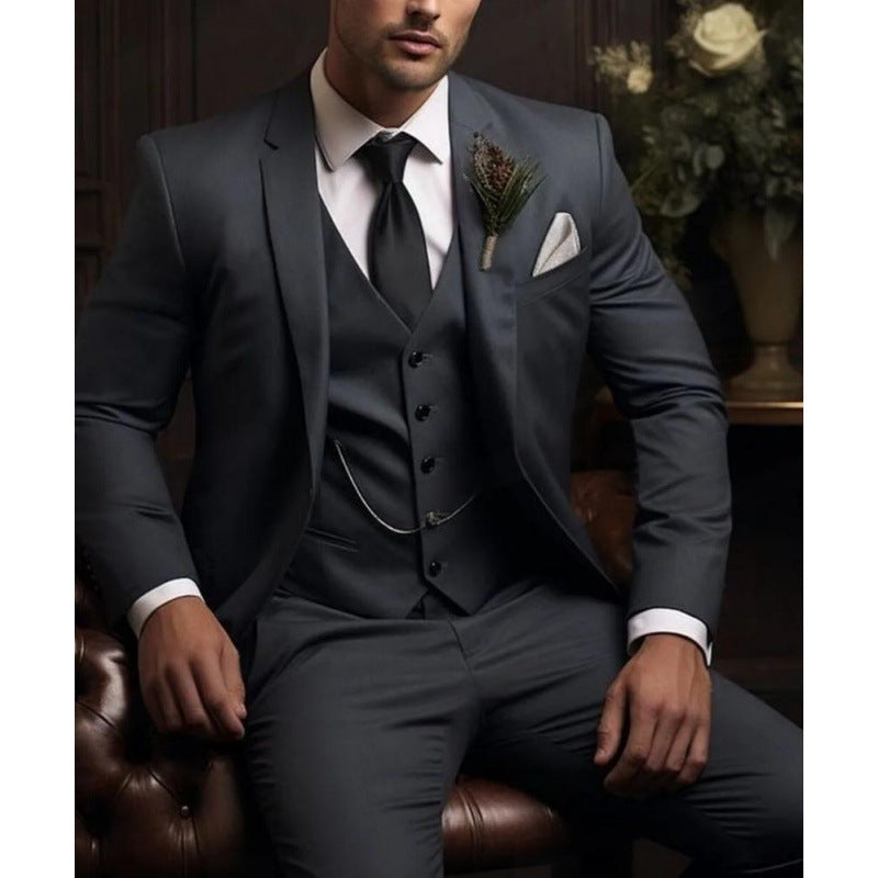 Handsome men's suit three-piece solid color high-end temperament banquet business slim fashion suit