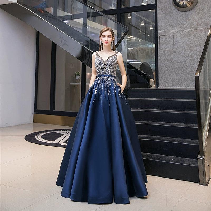 Women's Ball Gown Evening Dress Long V-Neck Formal Dresses Beaded Prom Dresses - numbersea