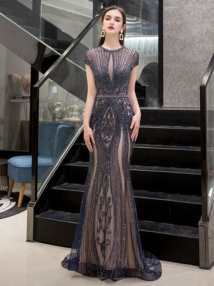 Women's Mermaid Evening Dress Long Sexy Prom Dresses Sleeveless Beaded Formal Dresses - numbersea